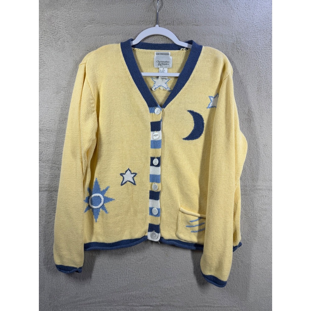 Christopher & Banks Cardigan Women Medium Yellow Celestial Sun Moon Star Vintage